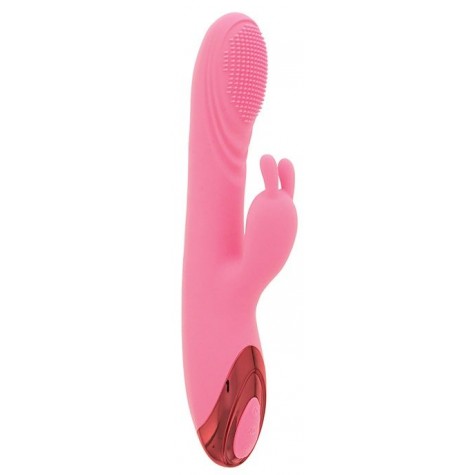 Розовый вибратор HEATING BRUSH BUNNY со стимулятором клитора и нагревом - 24 см.